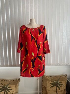 ZARA Basic Red Tropical Print Shift Dress Size Medium